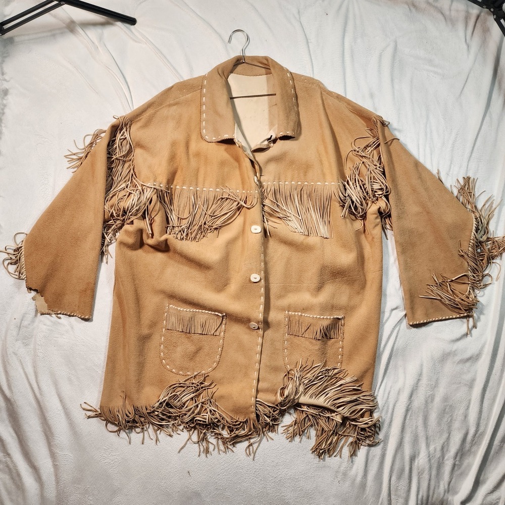 Vintage Western Tan Suede Fringe Jacket Whipstitch Bone Buttons Oversized XL